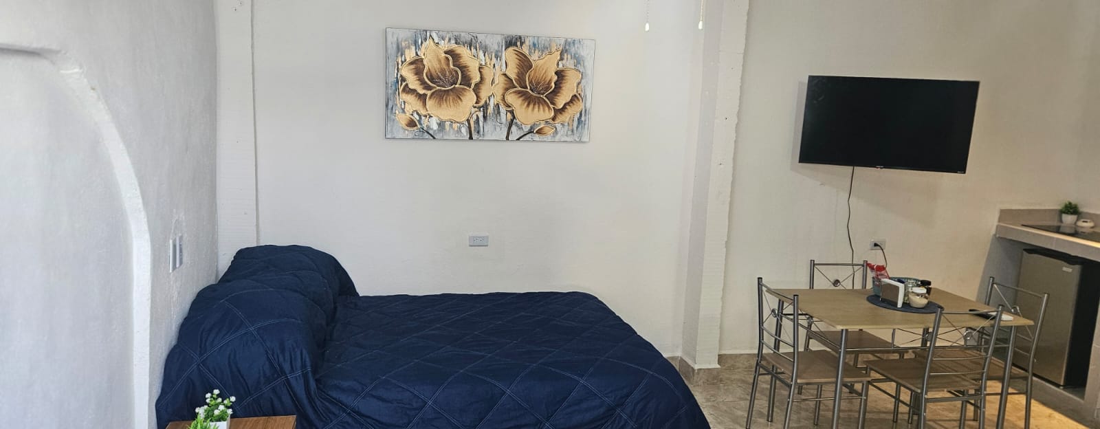 El Loft donde se ve el cuadro, la tele, el comedor, la cocineta y el frigobar